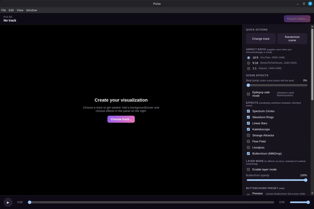 Pulse start screen with effect checkboxes and aspect ratio options