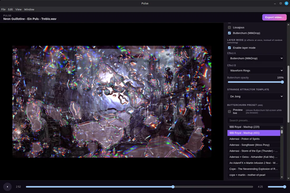 Pulse Butterchurn preset browser with 455 searchable presets